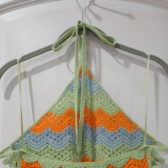 ZARA Colorful Cut Out Scalloped Stripe Crochet Mini Halter Dress, Sheer, M - Picture 12 of 16